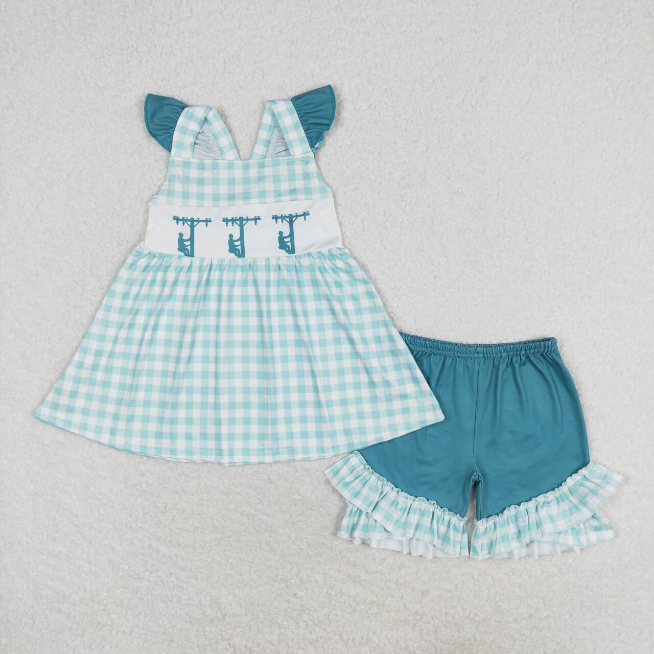 GSSO0847 lineman blue checkered flutter sleeve blue shorts girls set