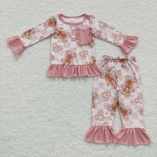GLP0548 Christmas gingerbread man pink long sleeve pants girls pajamas
