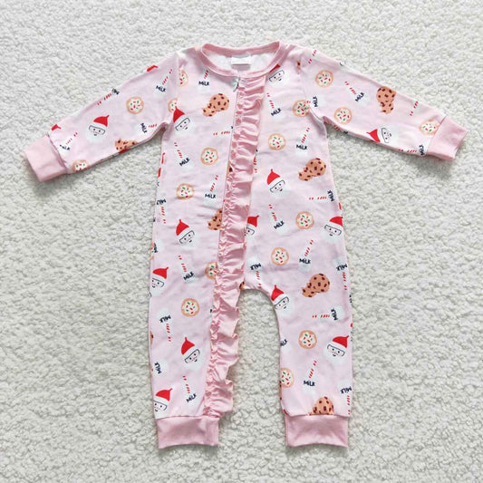 LR0471 Christmas Santa Claus Cookie Pink Long Sleeve Girls Romper