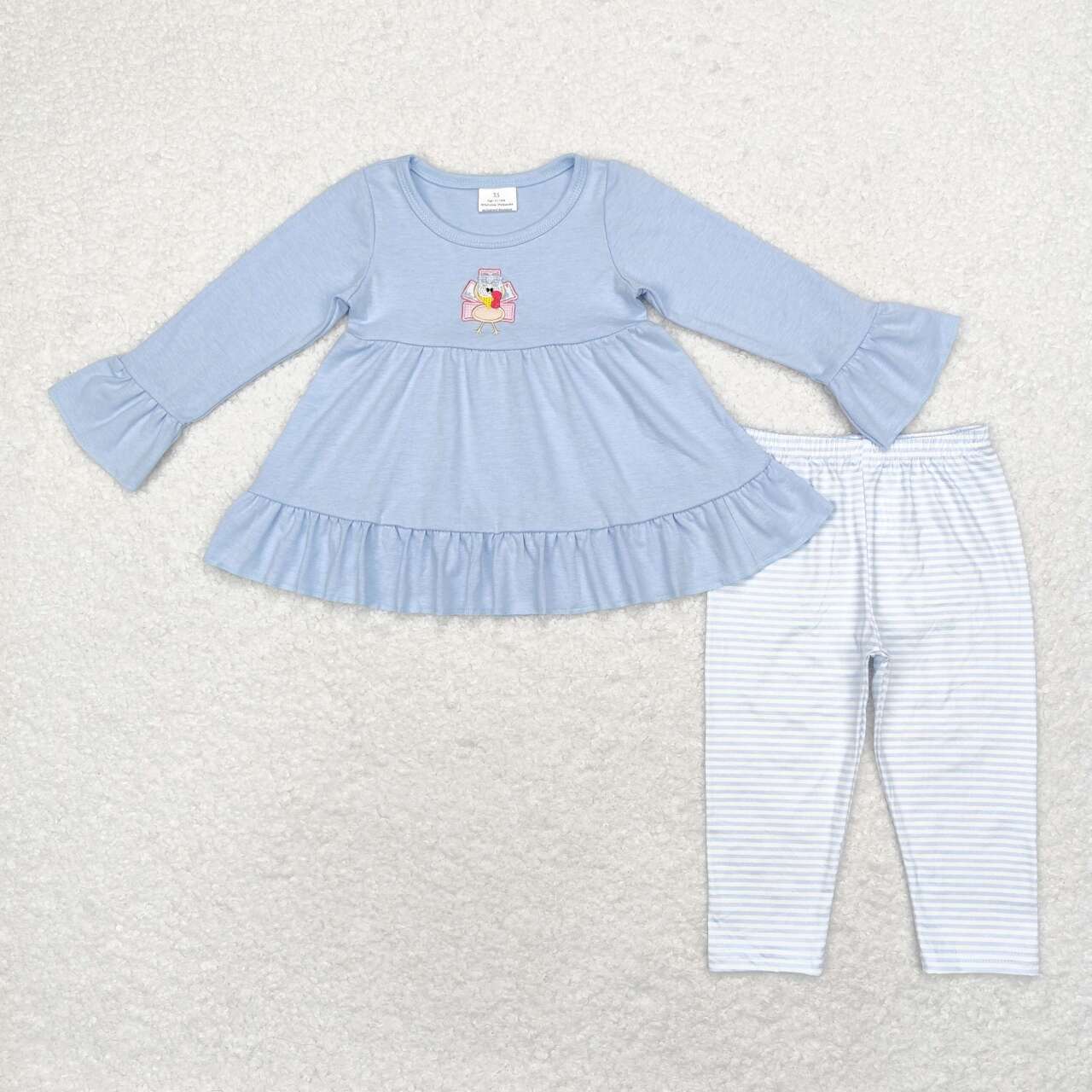 embroidery GLP1384 Thanksgiving turkey blue long sleeve blue striped pants girls set