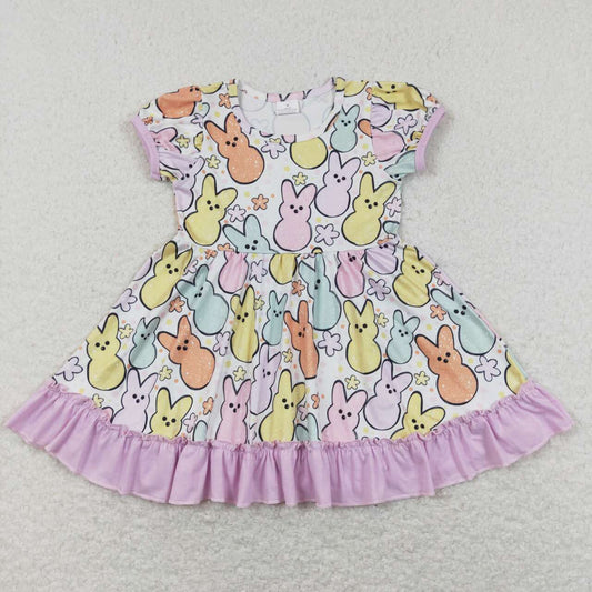 GSD0705 Girl Colorful Rabbit Purple Short Sleeve Girls Dress Kids Easter Clothes