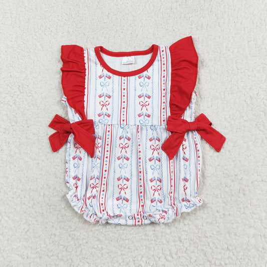 SR1717 July 4th flag bows red ruffles girls romper