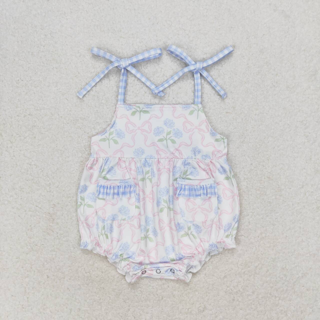 SR1482 blue flowers pockets lace-up girls romper