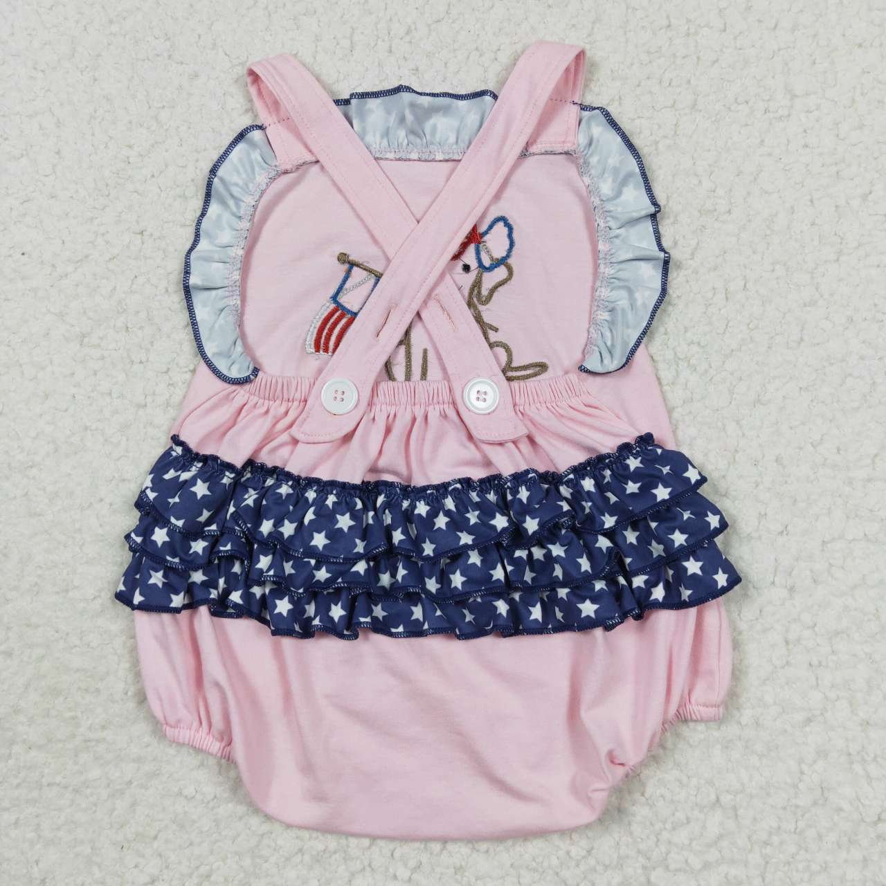 SR0332 4th of July Pink Embroidery Dog Blue Dot Girls Bubble Romper