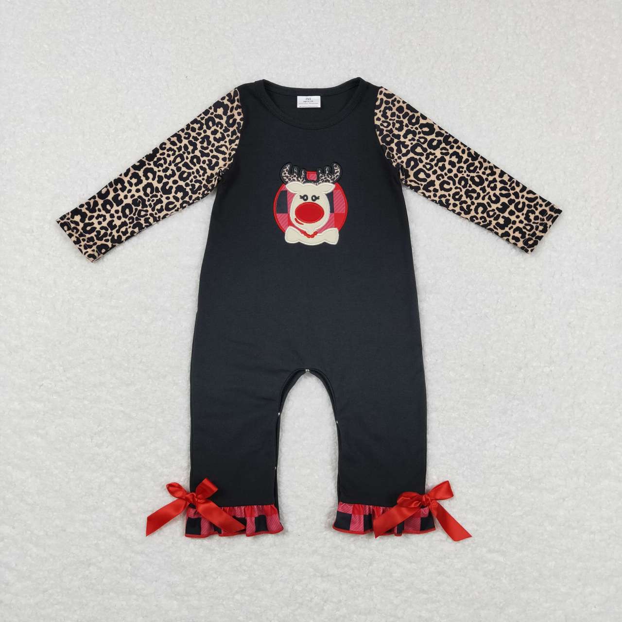 LR0730 Christmas deer black leopard long sleeve girls romper