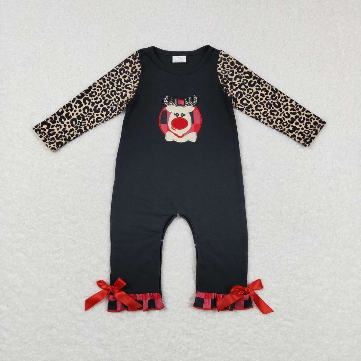 LR0730 Christmas deer black leopard long sleeve girls romper