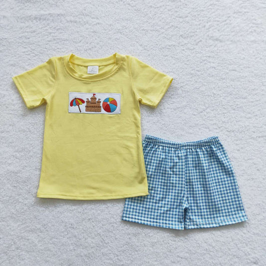 BSSO0248 Embroidery Sand Castle Yellow Sleeve Blue Cell Short Pants Boys Set