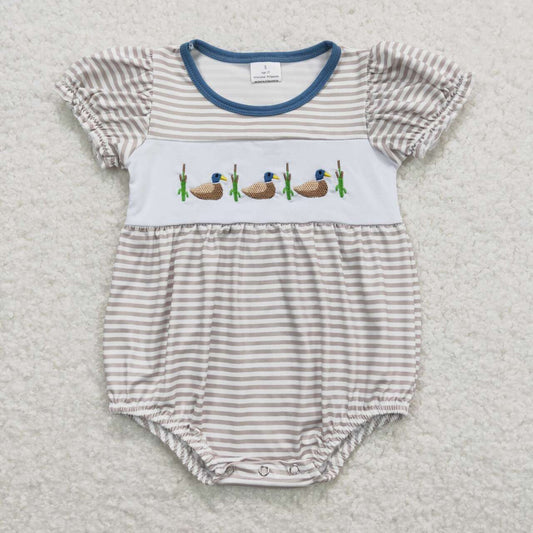 USA SHOP SR0987 embroidery Mallard Striped Blue Short Sleeve Girls Romper