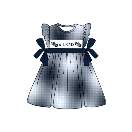 custom style WILDCATS navy blue checkered flutter sleeve girls bows dress