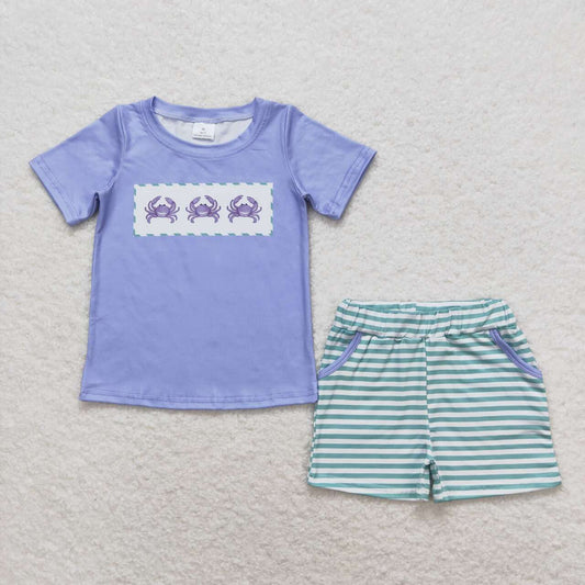 BSSO0637 Cab blue short sleeve green striped shorts boys set