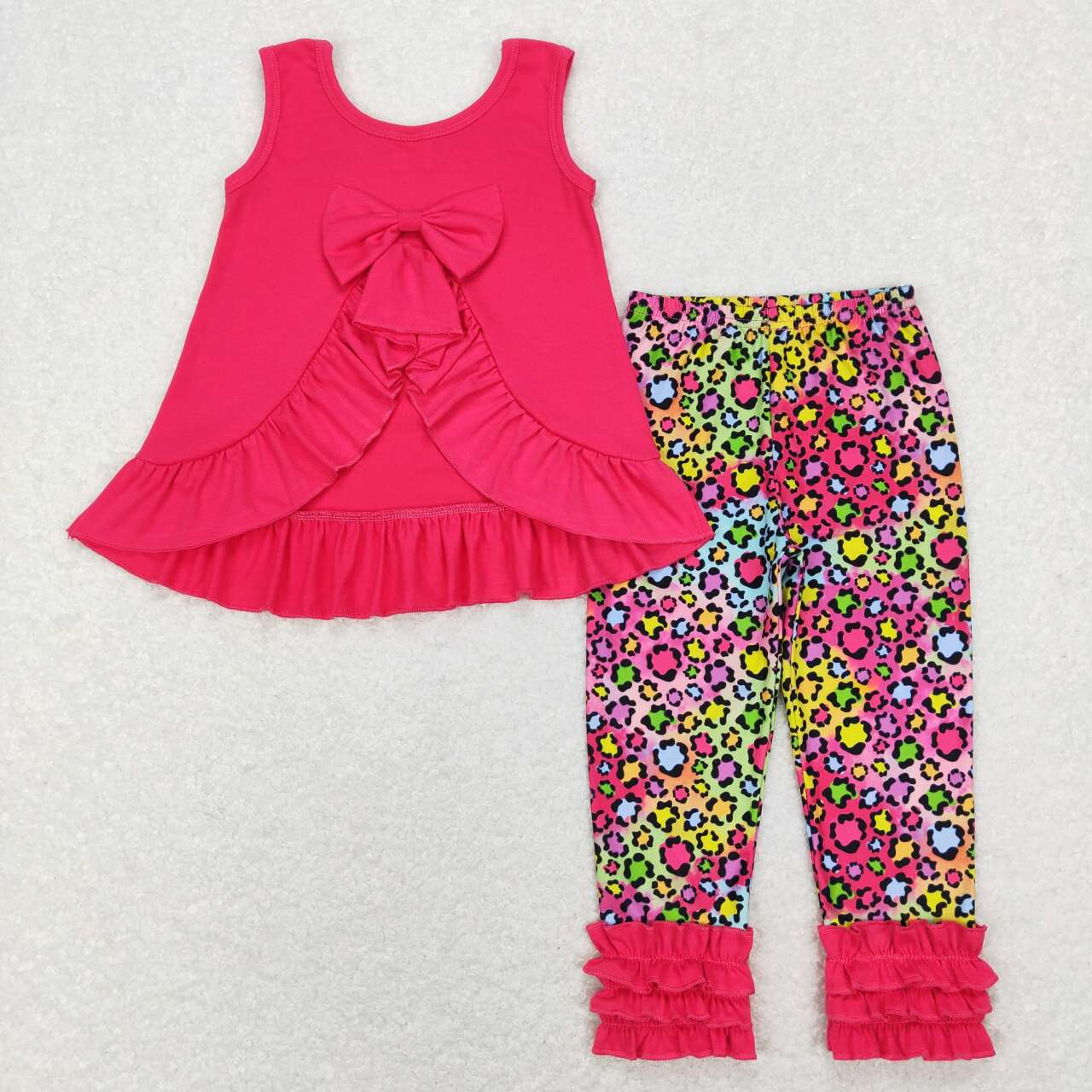 GSPO1097 Hot pink ruffles sleeveless leopard pants girls set