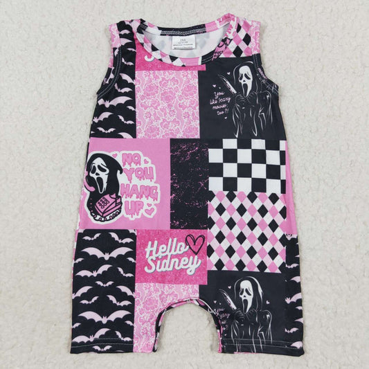 SR0414 Halloween Horror Mask Pink Sleeveless Kids Romper
