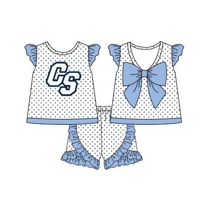 custom style CS blue dot bow flutter sleeve shorts girls set