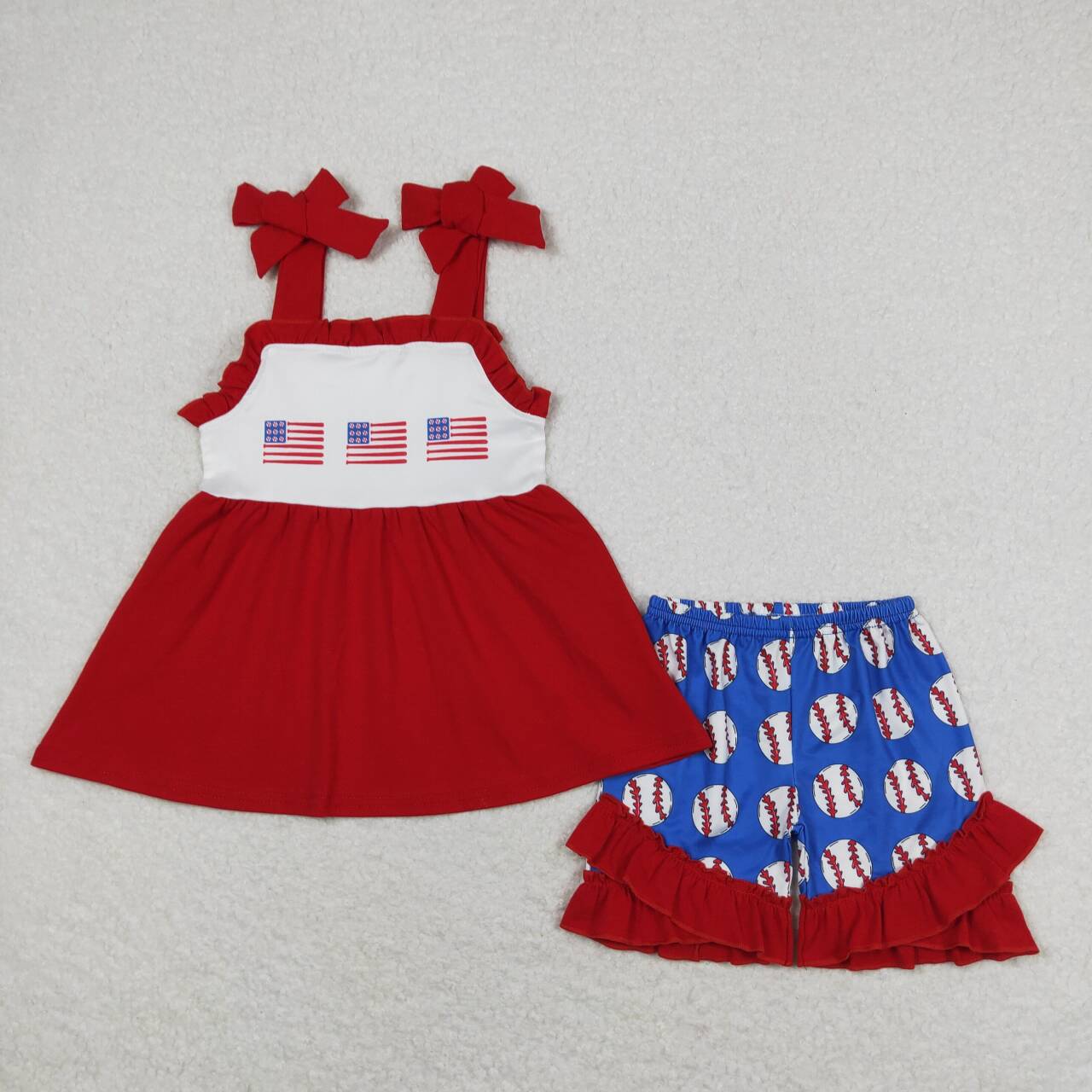 GSSO0736 July 4th flag red sleeveless baseball blue shorts girls set