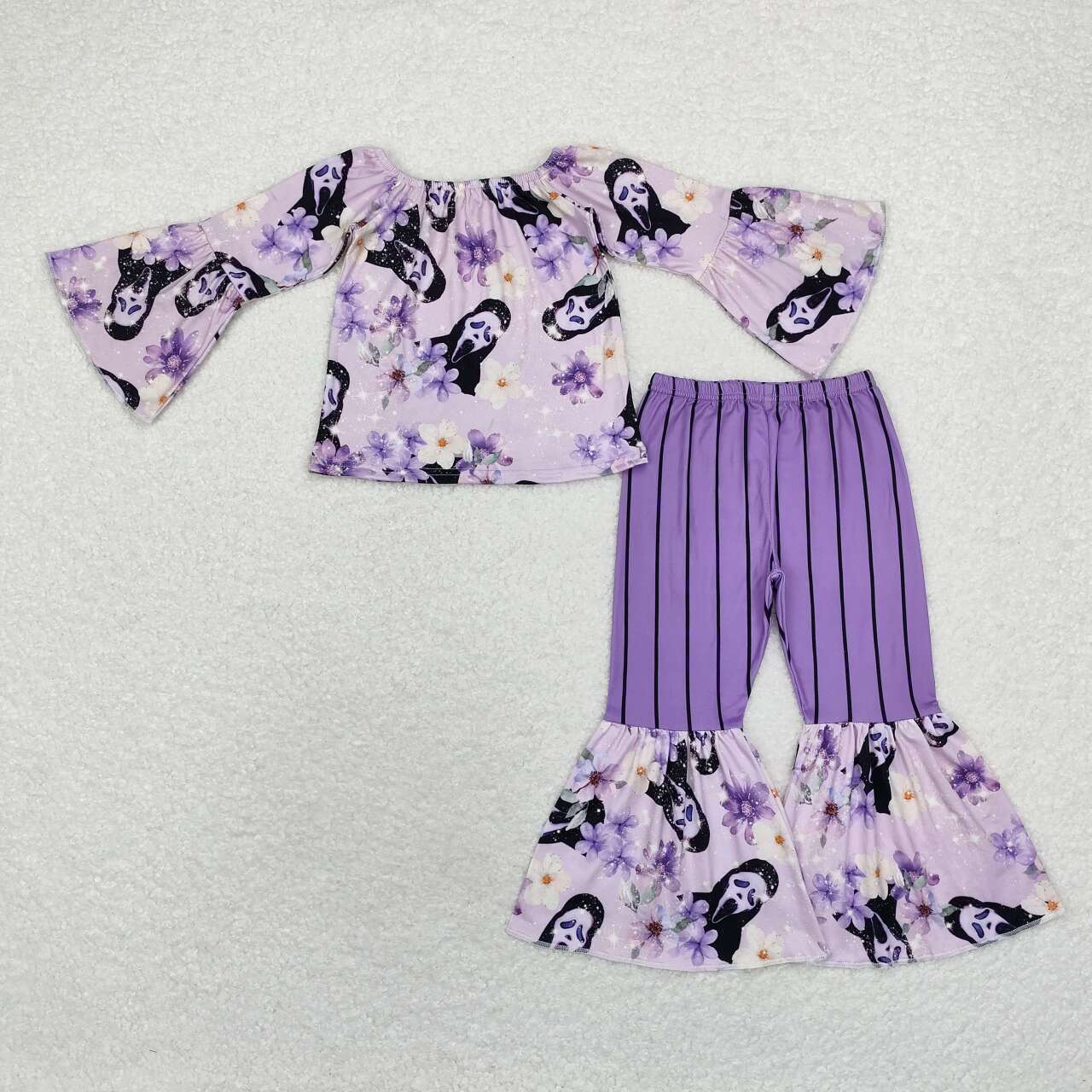 GLP1448 Halloween skull purple flowers long sleeve striped pants girls set