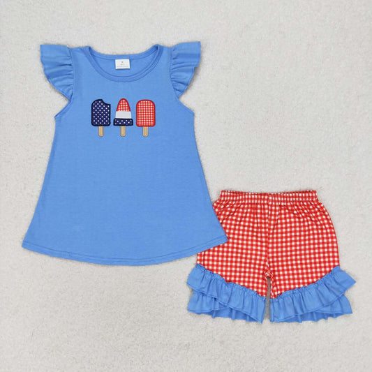 GSSO0860 embroidery July 4th ice blue flutter sleeve red checkered shorts girls set