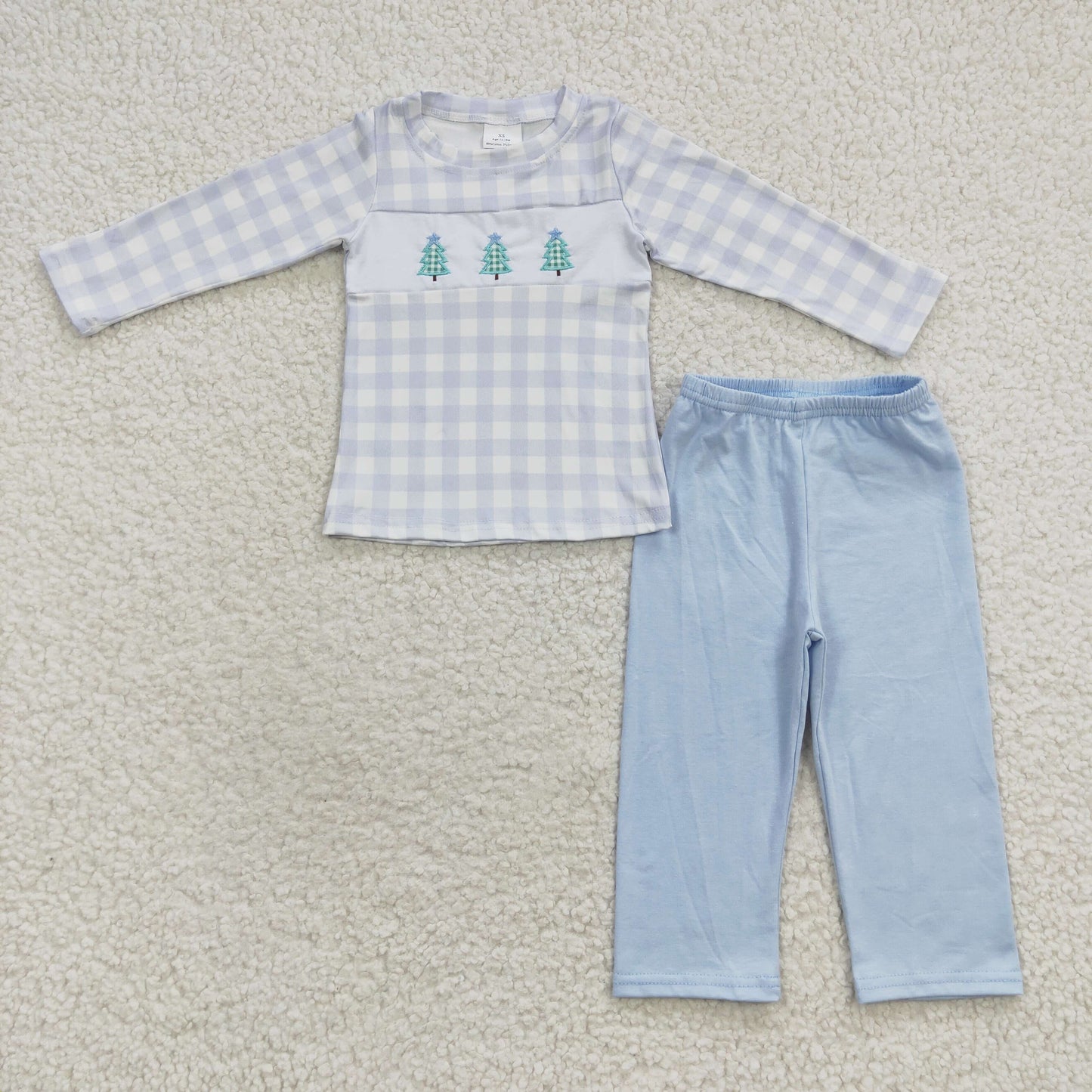 BLP0178 Embroidery Christmas tree blue plaid long sleeve pants boys set