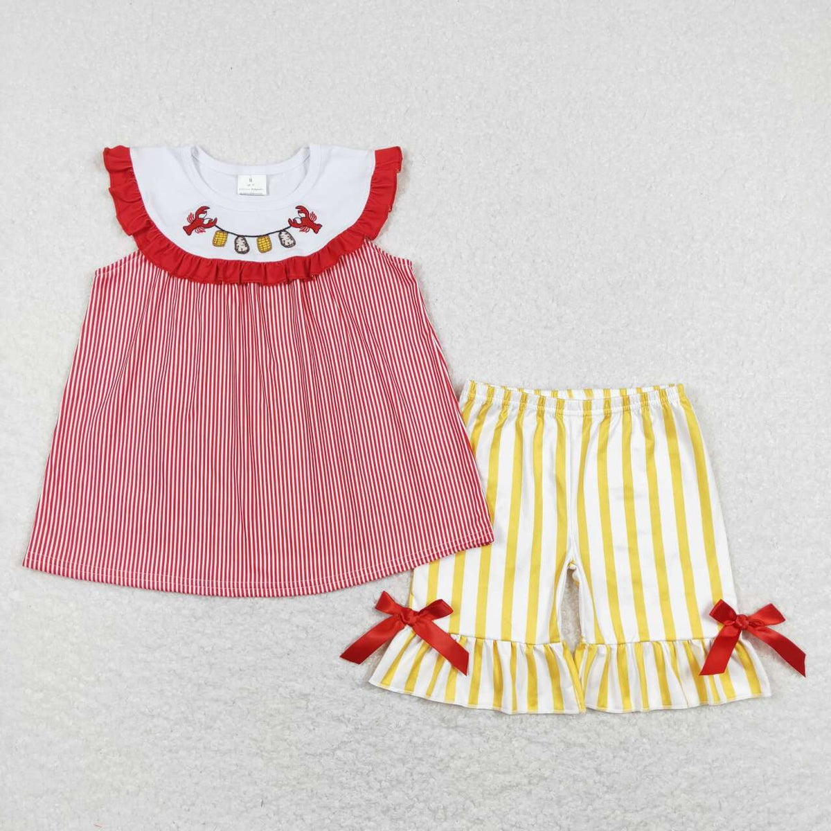 GSSO0453 Embroidery Crayfish red striped flutter sleeve yellow striped shorts girls set