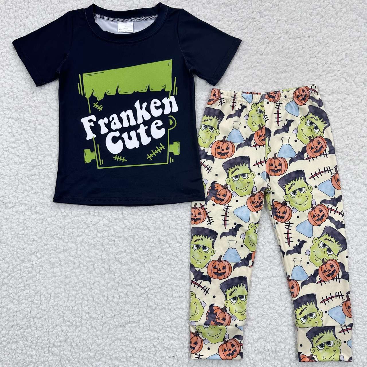 BSPO0129 Halloween Cute Green Face Black Short Sleeves Pumpkin Pants Boy Clothes