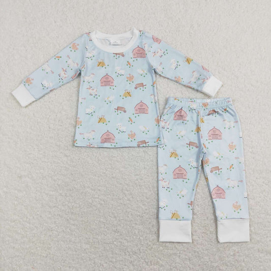 BLP0342 Farm animals horse blue long sleeve boys pajamas