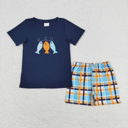 BSSO0465 embroidery Hunting Fishing Navy Blue Short Sleeve Blue Checkered Shorts Boys Summer Set