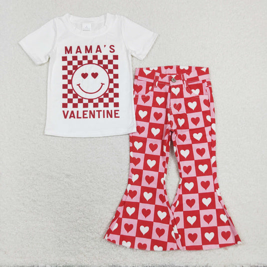 GSPO1363 Mamas Valentine Heart Smile Short Sleeve Heart Pink Checkered Denim Pants Girls Set