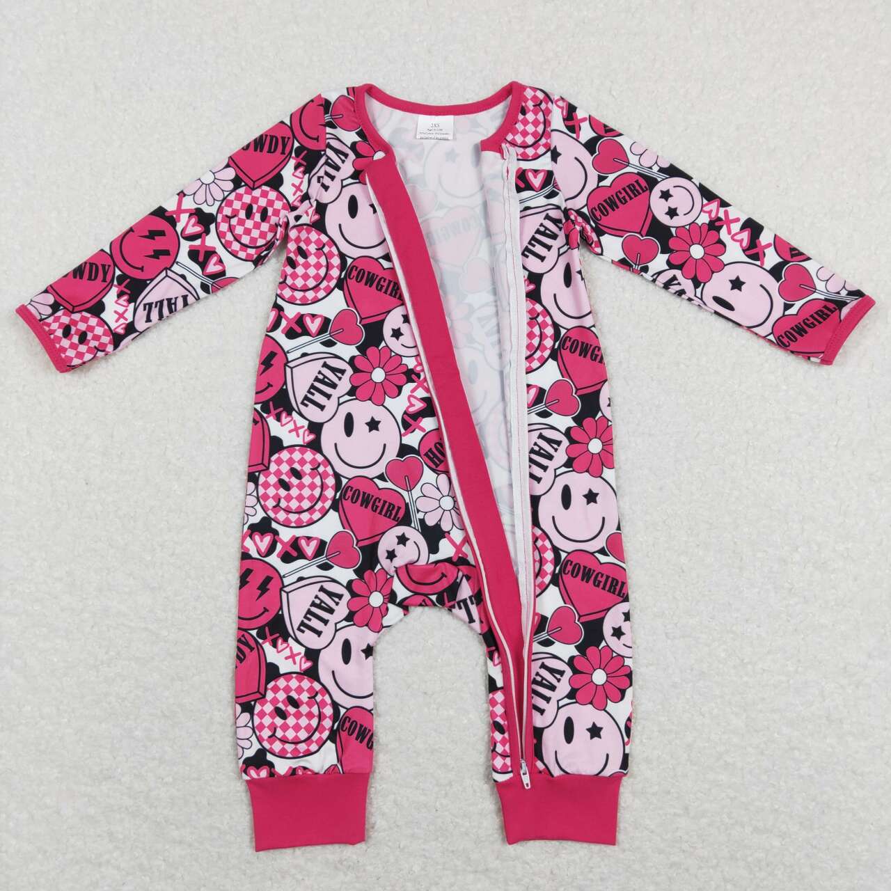 LR0896 Baby Girl Cowgirl Heart Smile Hot Pink Long Sleeve Girls Zipper Romper Kids Valentine's Day Clothes