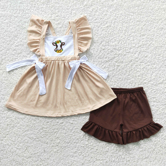 GSSO0233 Embroidery Cow Flutter Sleeve Brown Shorts Girls Set