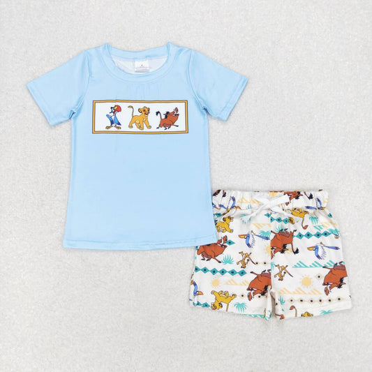 BSSO0882 cartoon cute lion animals blue short sleeve shorts boys set