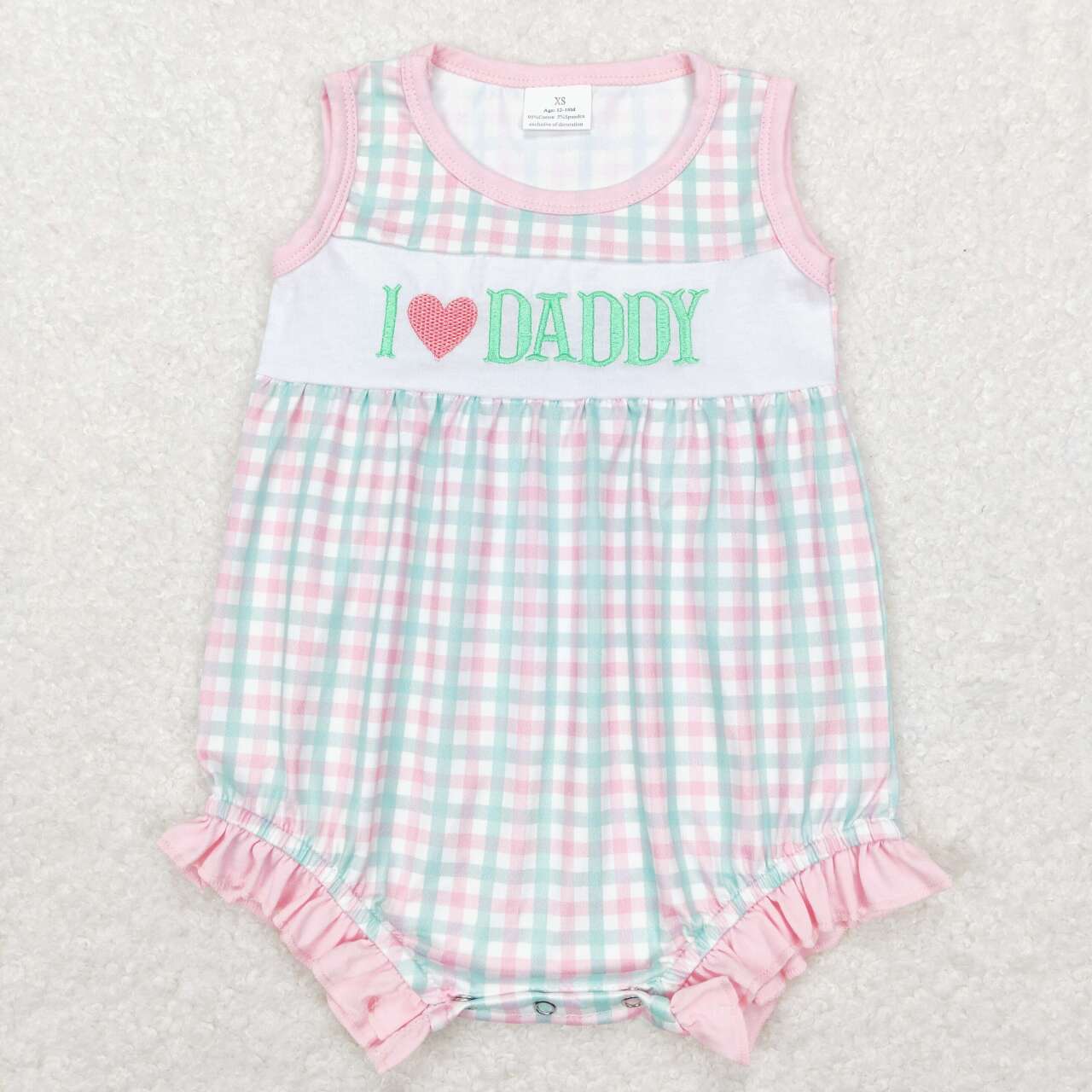 SR0713 I love daddy green pink checkered sleeveless girls romper