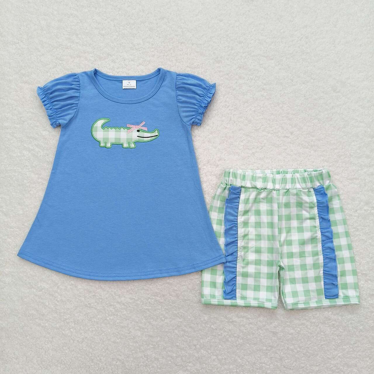 GSSO0850 embroidery crocodile blue short sleeve green checkered shorts girls set