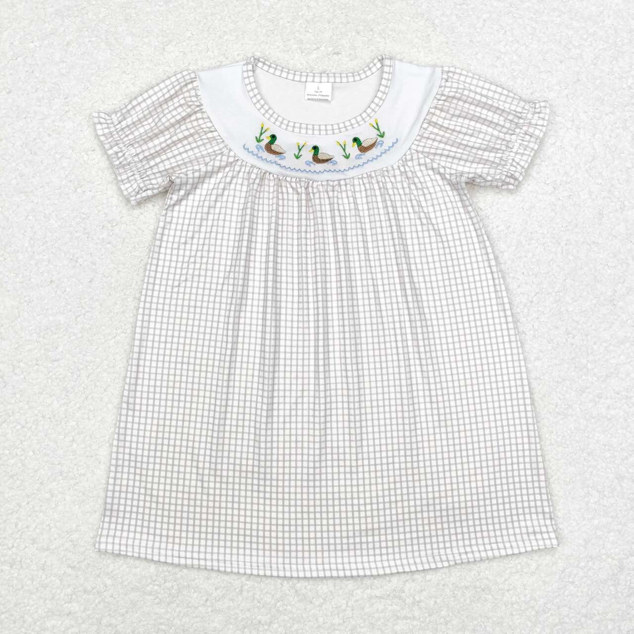 GSD1410 embroidery mallard duck khaki checkered short sleeve girls dress