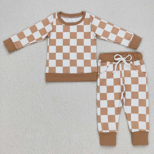 BLP0270 Brown plaid long sleeve pants boys set