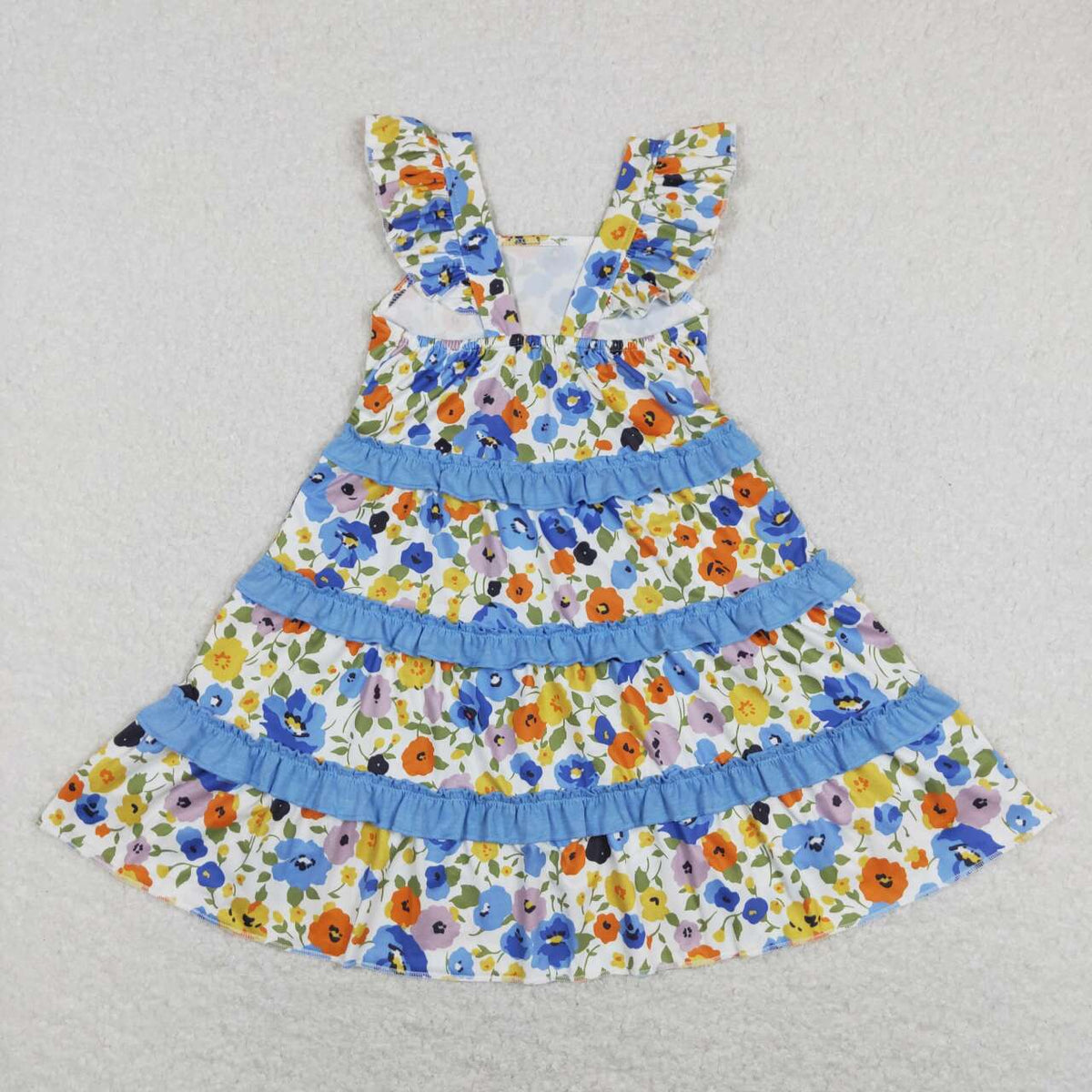 GSD0682 Colorful Flowers Blue Flutter Sleeve Girls Dress