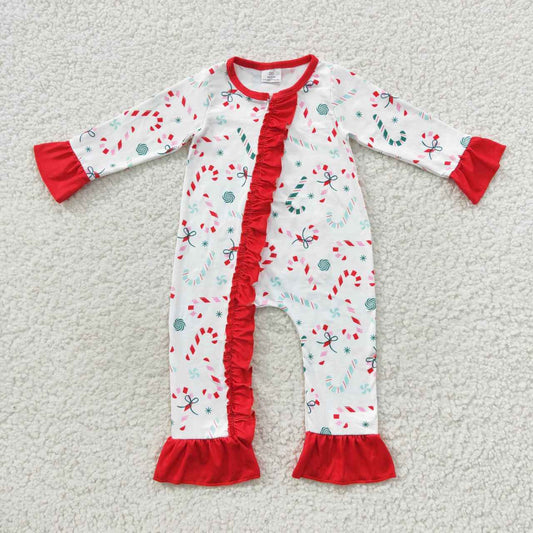 LR0501 Christmas Candy Cane Long Sleeve Girls Romper
