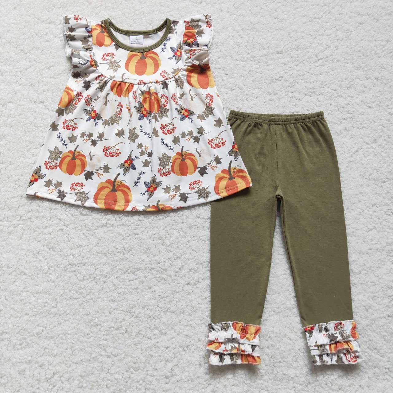 GSPO0837 Pumpkin flowers flutter sleeve green pants girl set