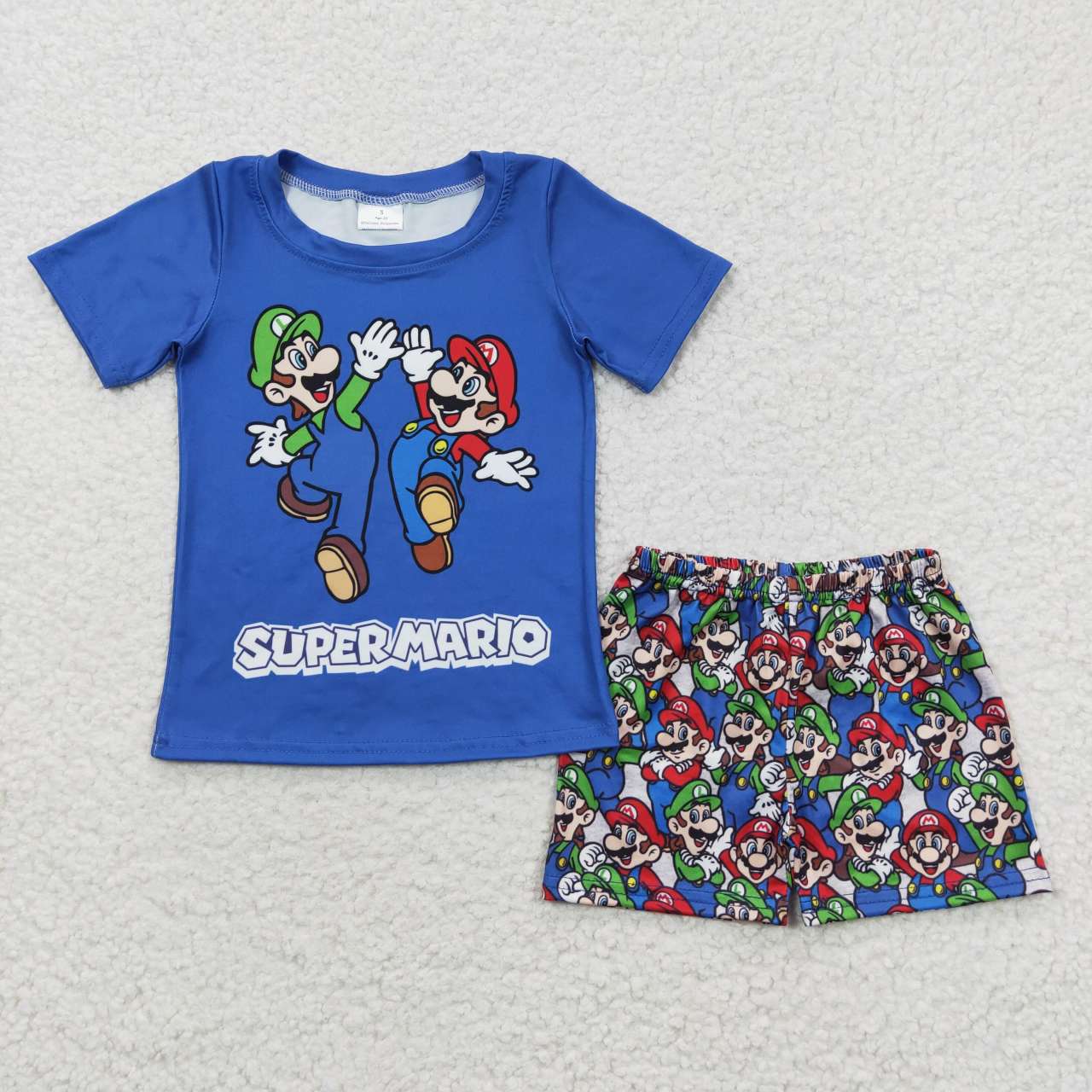 BSSO0258 Blue Green & Red Cute Cartoon Blue Top Shorts Boys Summer Set