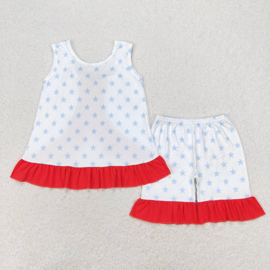 GSSO1217  July 4th star sleeveless top red ruffles shorts girls set