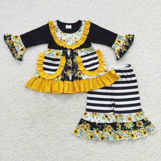 6 A27-28 Sunflowers pocket long sleeve striped pants girls set