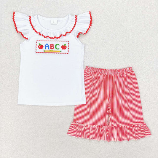 GSSO1115 embroidery back to school ABC apple pen flutter sleeve red checkered shorts girls set