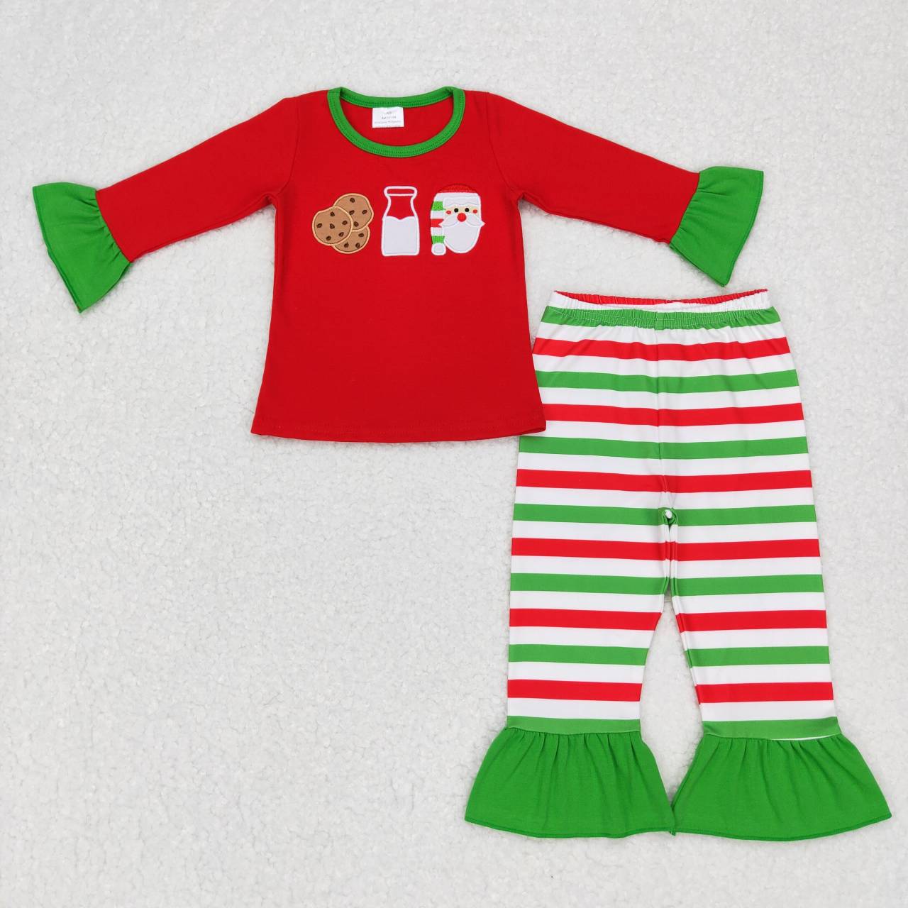 GLP0726 Christmas Santa Claus cookie red long sleeve red & green striped pants girls set
