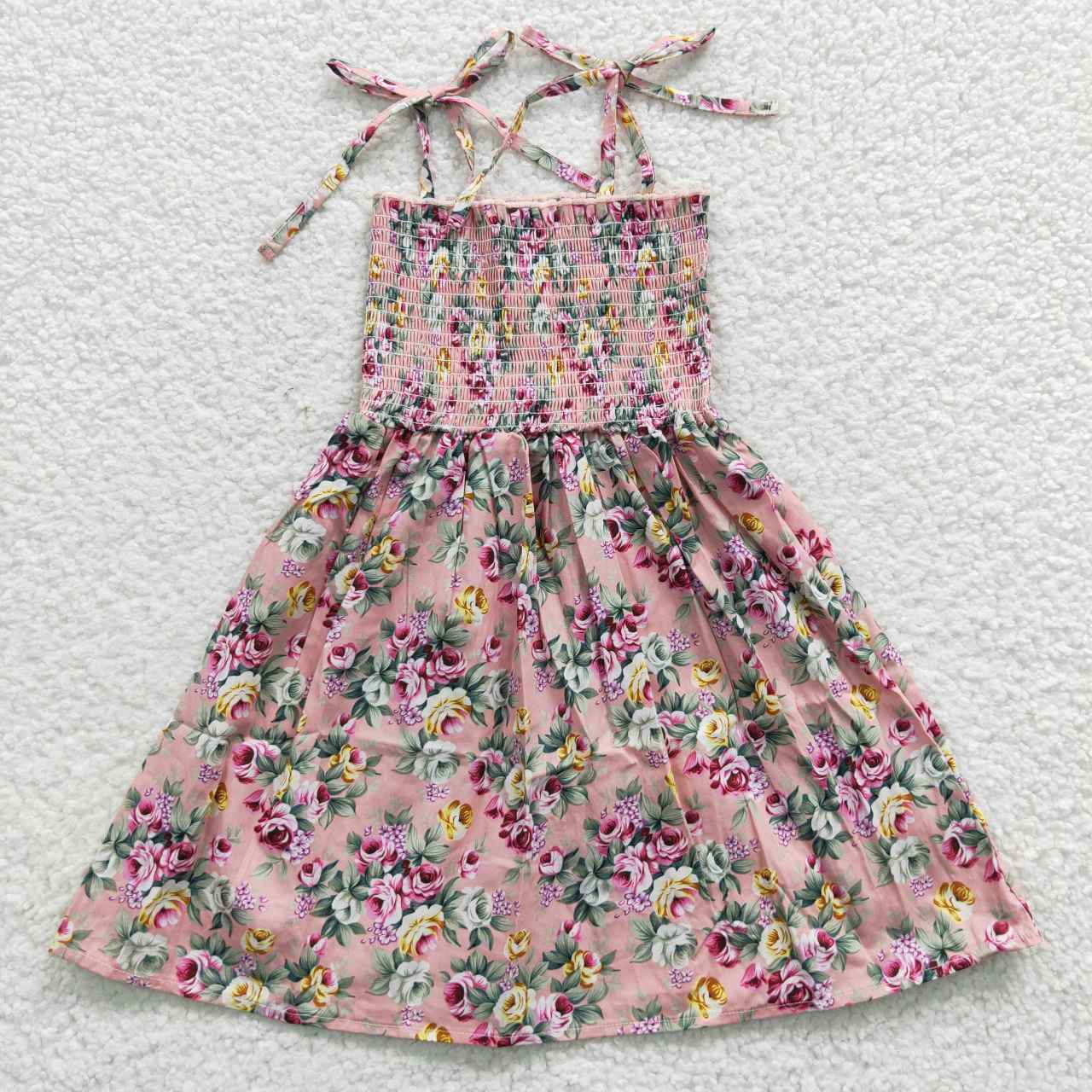 GSD0376 Smocking Stitch Pink Flowers Girls Summer Dress