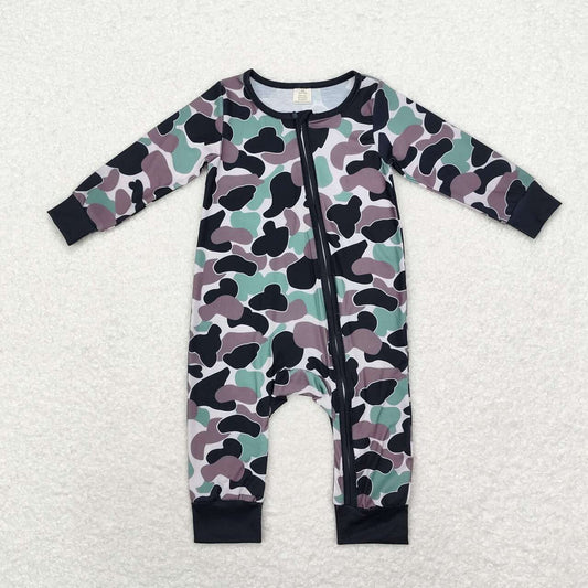 LR1460 bamboo camo long sleeve zipper boys romper