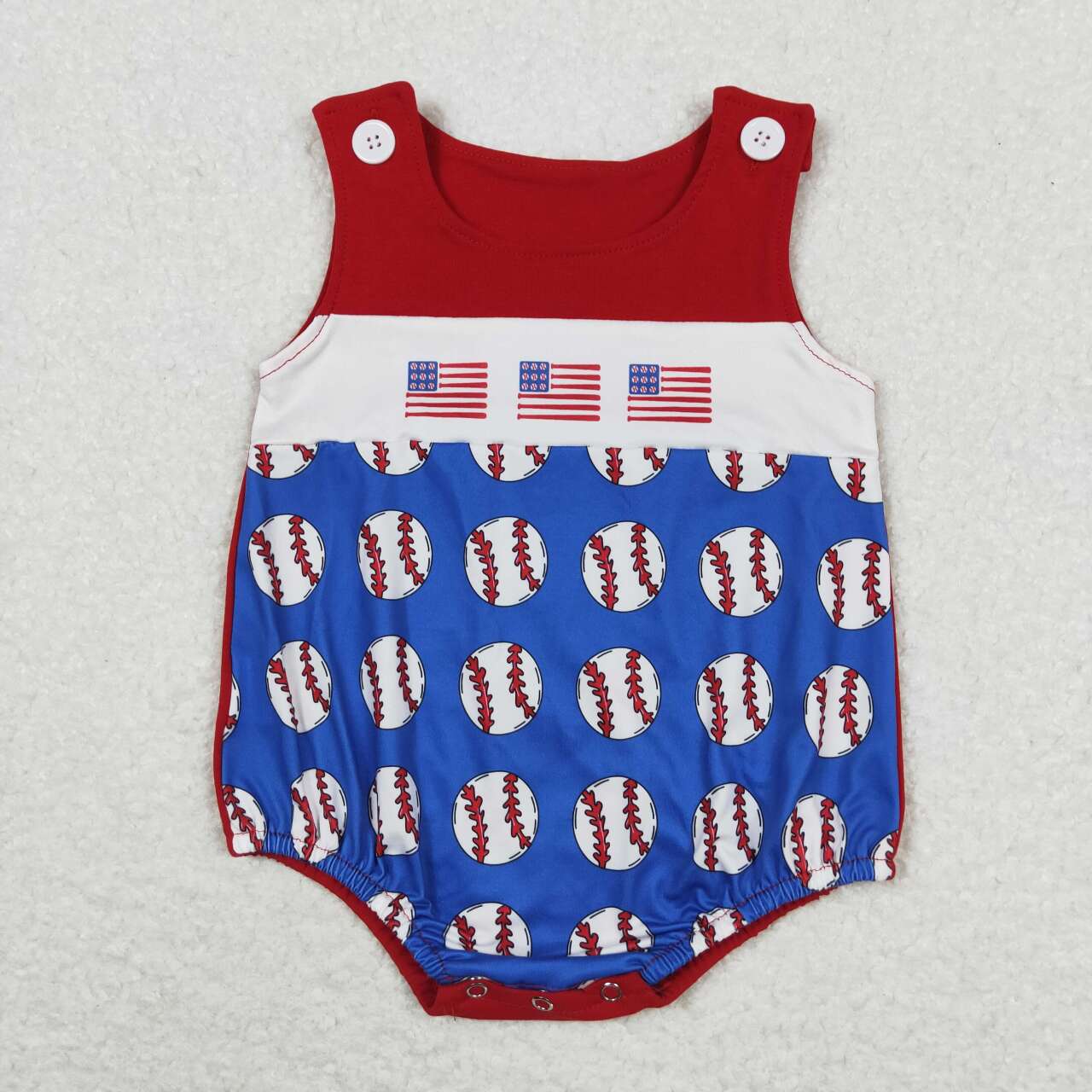 SR1194 July 4th flag baseball blue red sleeveless boys romper