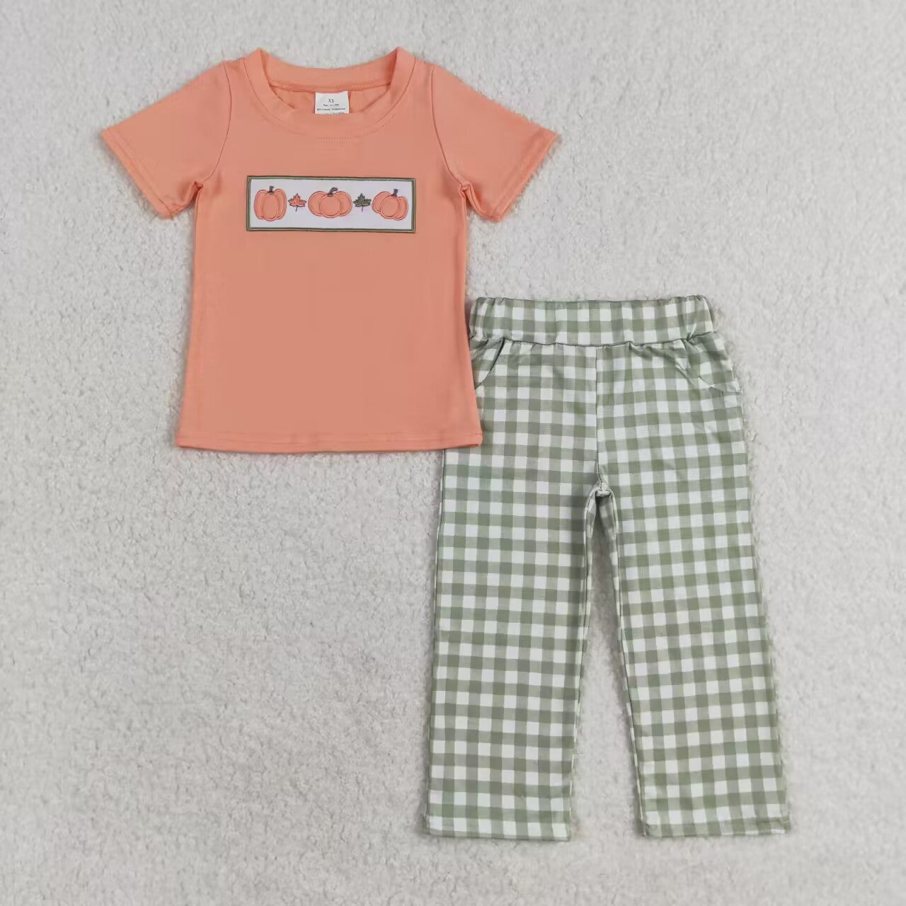 BSPO0451 embroidery Autumn full pumpkin short sleeve green checkered pants boys set