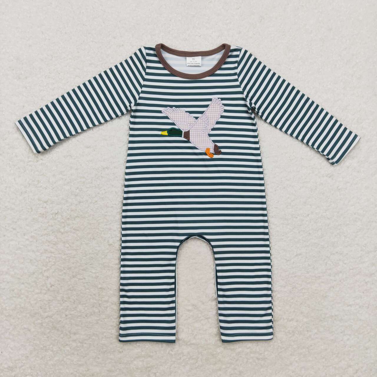 LR0963 embroidery mallard black striped long sleeve boys romper