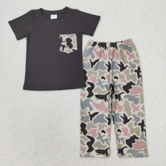 BSPO0415 dark grey pocket short sleeve camo pants boys set