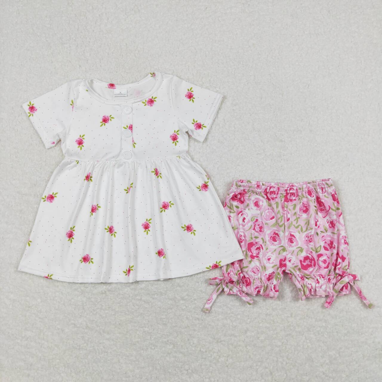 GSSO0684 Pink flowers white short sleeve hot pink shorts girls set