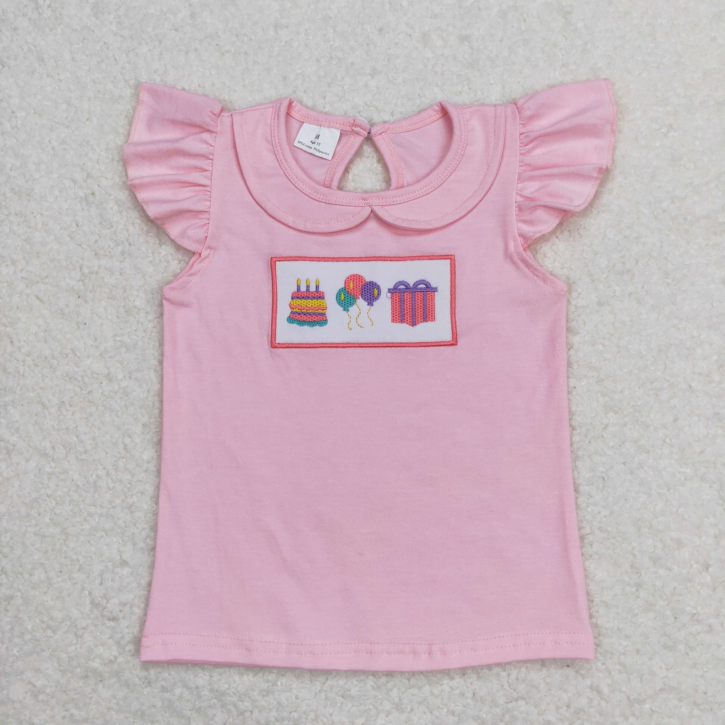 GT0501 embroidery happy birthday cake balloon gift pink flutter sleeve girls top
