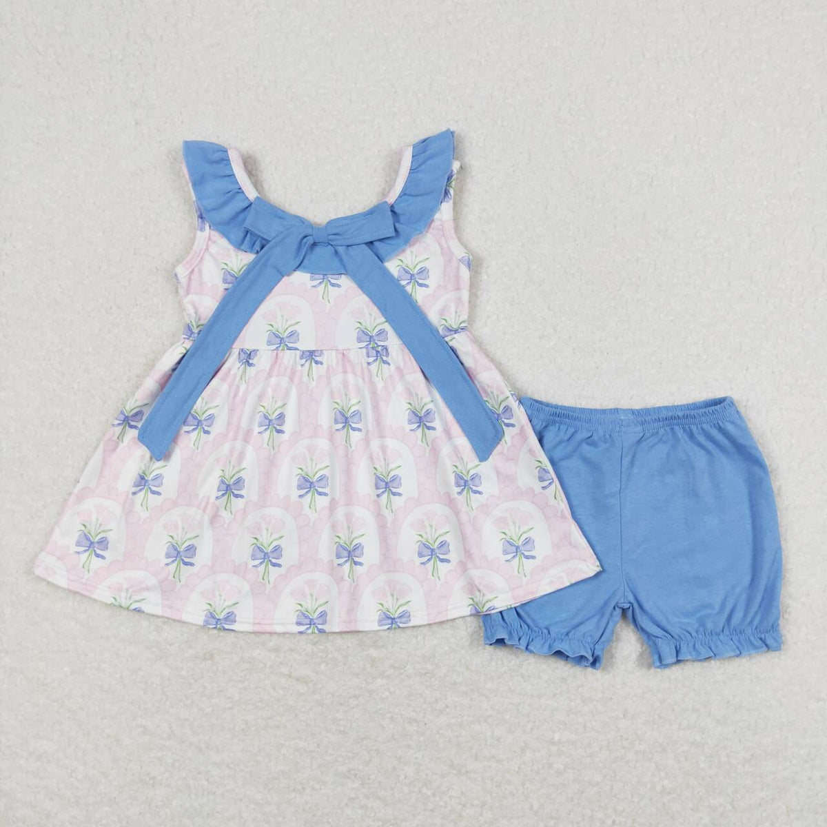 GSSO0723 pink flowers blue ruffles flutter sleeve blue shorts girls set
